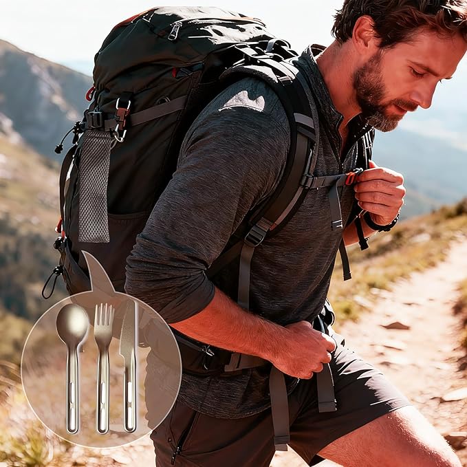 Titanium Flatware Knife Fork Spoon 2Sets - Ultralight For Backpacking, Hiking, Travel Dinnerware Easy Clean Compact