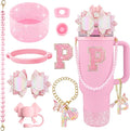 9PCS Pink for Stanley Cup Accessories Set Bling Initials Bow Charms for Stanley Decorations 30/40 Oz Tumbler Accessories Including Bow Straw Topper, Handle Strap, Spill Stopper（Letter P）