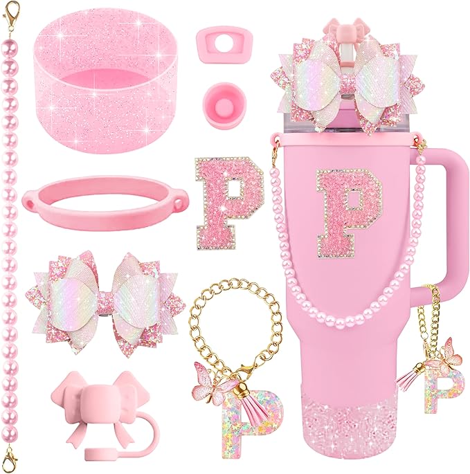 9PCS Pink for Stanley Cup Accessories Set Bling Initials Bow Charms for Stanley Decorations 30/40 Oz Tumbler Accessories Including Bow Straw Topper, Handle Strap, Spill Stopper（Letter P）