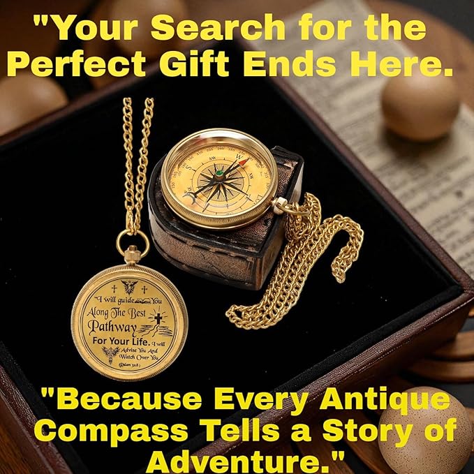 Handmade Brass Antique Compass with Leather Case – Vintage Finish Functional Pocket Navigation Tool for Travel, Hiking & Gift