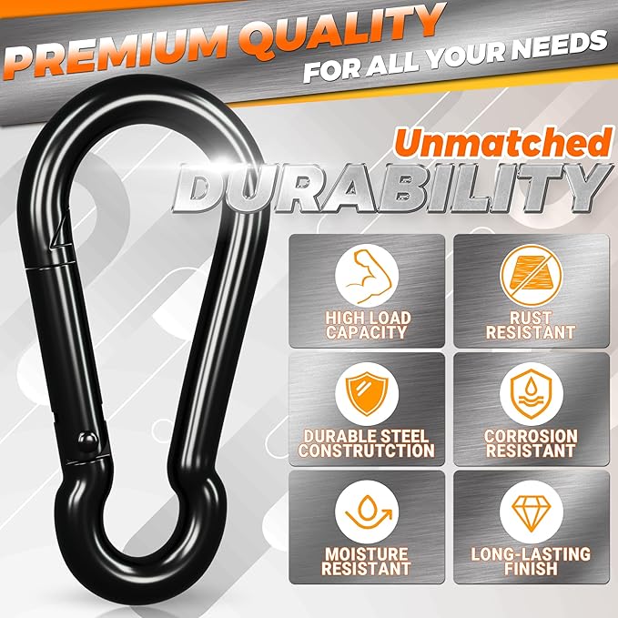 sprookber Carabiner Clips Spring Snap Hook, Iron Heavy Duty Caribeaners for Key, Keychain Hooks for Hammocks, Backpacks, Outdoor Gear, Set of 6 (Black)