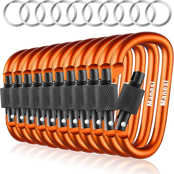 10 Pack Aluminum D Ring Key Rings Clips Locking Carabiner for Camping Fishing and Outdoor Use，Clips with Screw Gate Multicolored