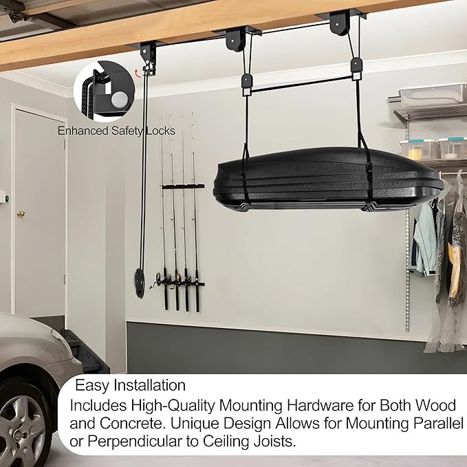 TRUSOON 2025 Upgrade Cargo Box Garage Pulley System, Garage Ceiling Hoist Heavy-Duty Holds up to 150 lbs Capacity, Fit 10-18 Foot Ceilings, Black