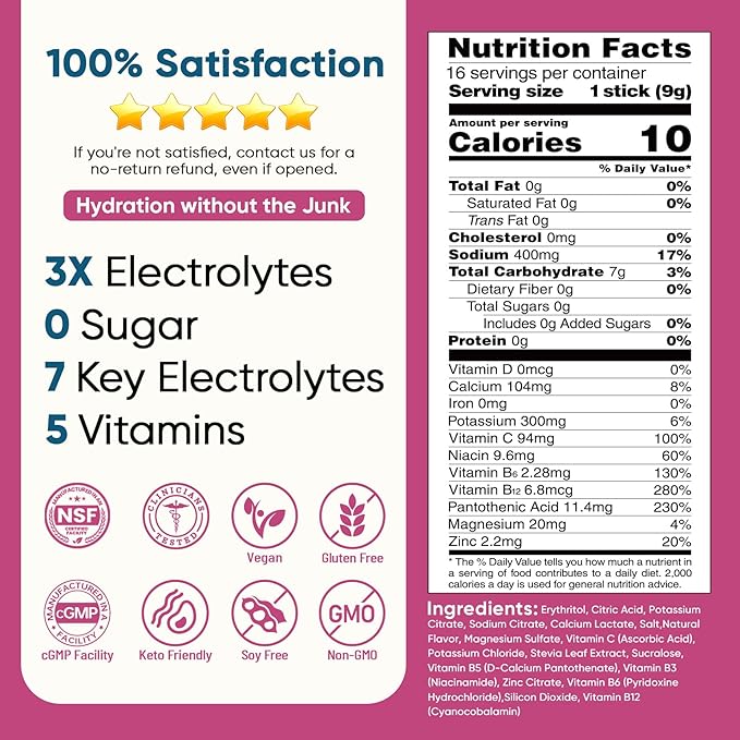 Venture Pal Sugar Free Electrolyte Powder Packets - Liquid Daily IV Hydration Packets | Electrolytes Drink Mix with 5 Vitamins & 7 Electrolytes | Keto Friendly | Non-GMO | Certified Vegan | 16 Sticks