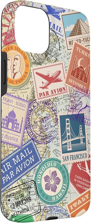 World Map Travel Passport Stamps Postage Stamp Case for iPhone 15 Plus