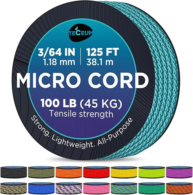 TECEUM Micro Paracord – 1.18 mm X 125 ft – Micro Utility Cord – Thin Braided Paracord Rope – Best for Crafting, DIY Projects, Fishing, Camping – Wind Chime Replacement – Survival Strong String