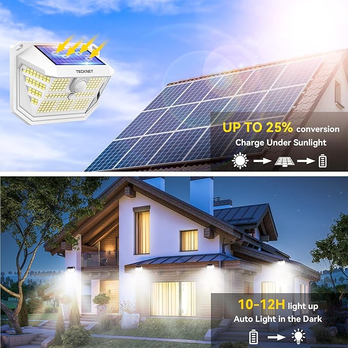 TECKNET 231 LED Solar Motion Lights Outdoor Waterproof, 6 Pack 300° Angle & 3 Lighting Modes PIR Motion Sensor Security Solar Wall Lights IP65 for Fence Front Door Yard Deck Garden Garage