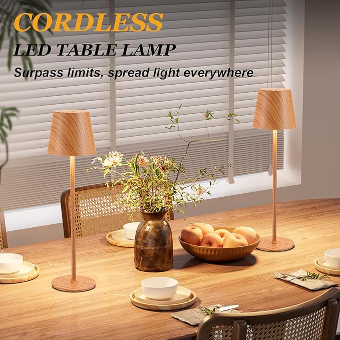 Kakanuo Cordless Table Lamp Rechargeable - Wood Grain 2 Pack 5000mAH Battery Operated Lamp for Counter, 3 Color Stepless Dimming Wireless Lamp for Dining Kitchen, Outdoor Patio, Touch Control