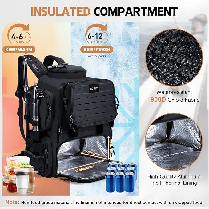 Goture Fishing Backpack, 58L 900D Water-Resistant Insulated Tackle Backpack with Cooler, Rod Holders, 8 Lure Pockets, Detachable Crossbody Bag, Gear Storage Large Fishing Bag for Camping Hiking