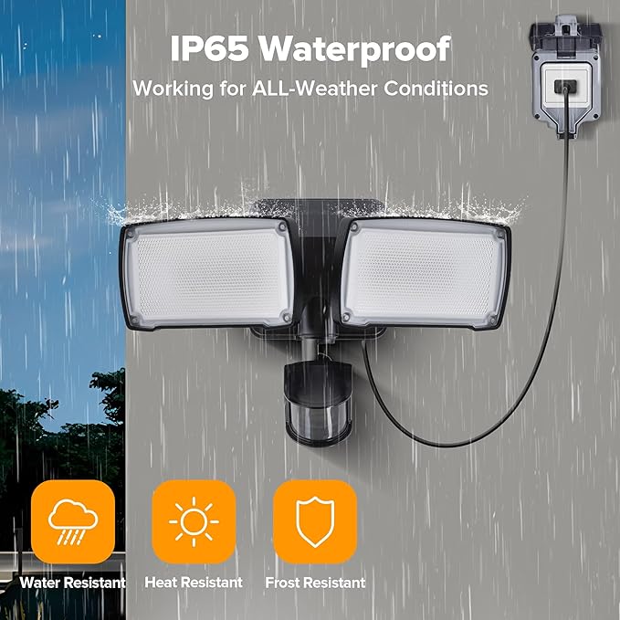 LUTEC 2 Pack 21W Black Plug in Motion Sensor Light Outdoor, Flood Lights Outdoor Motion Sensor,2500LM, 5000K Daylight,IP65 Waterproof,Adjustable 2 Heads Wall Light for Garage, Porch, Yard