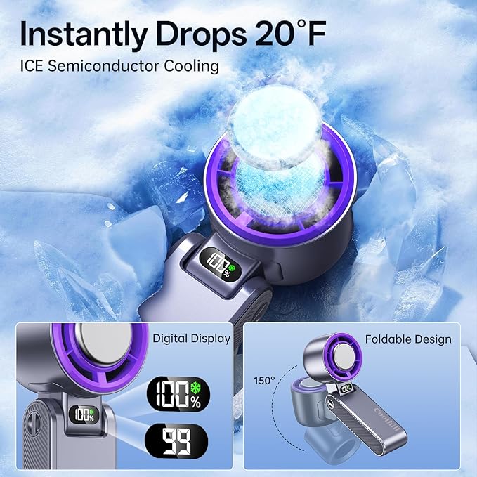 Handheld Portable fan with Turbo Cooling - Hand Held Fan Rechargeable, 1-199 Speeds, Up to 12Hrs Battery Life, Powerful Mini Personal fan for Travel, Outdoor, Beach & Makeup