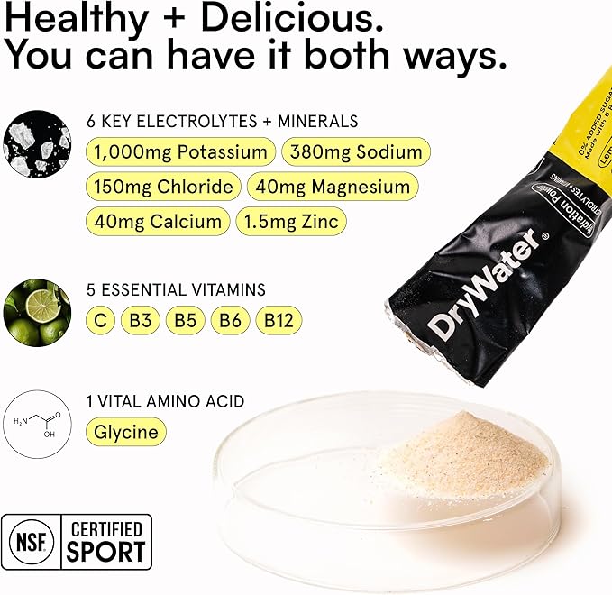 DryWater Electrolyte Powder Packets, Lemon Lime - Hydration Packets Drink Mix with Zero Added Sugar for Rehydration & Energy - 6 Key Electrolytes, 5 Essential Vitamins & 5 Real Fruits - 12 Pack