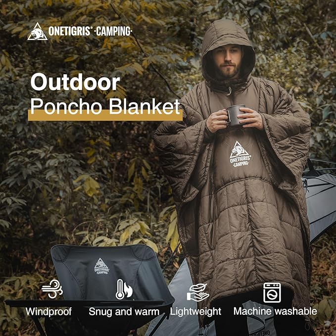 ONETIGRIS Camping Blanket Poncho with with Recycled Synthetic Insulation,Wearable Hoodie Blanket | Ultralight Water-Resistant Warm Camping Blanket for Outdoor, Hiking, Stadium