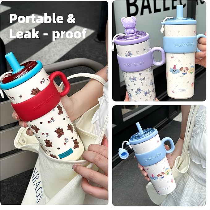 21oz Cute Bear Car Cup with Straw & Cap, Leak-Proof Portable Mug with Tea Strainer, Insulated for Hot/Cold - Ideal for Car, Office, Outdoor (Green)