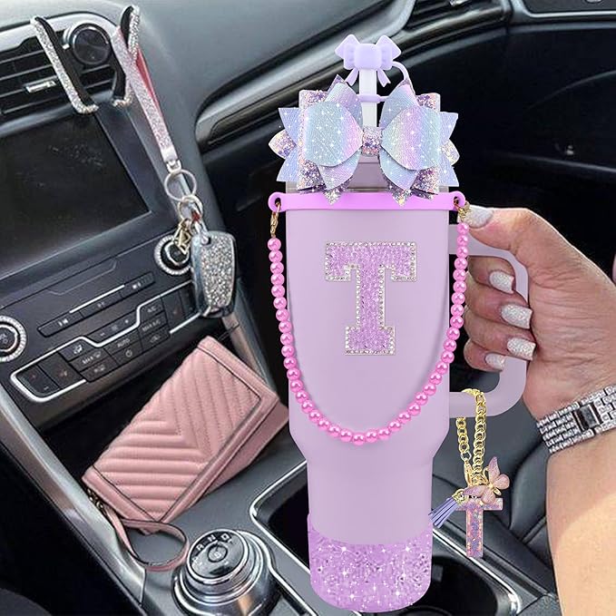 9PCS Purple for Stanley Cup Accessories Set Bling Initials Bow Charms for Stanley Decorations 30/40 Oz Tumbler Accessories Including Bow Straw Topper, Handle Strap, Spill Stopper（Letter T）