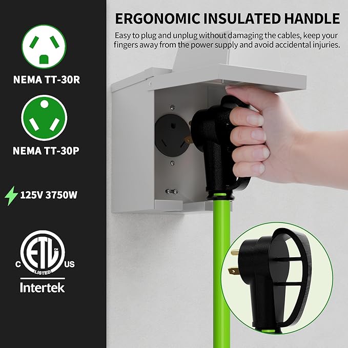 POWGRN 30 Amp RV Extension Cord 25 FT Outdoor with Grip Handle, Flexible Heavy Duty 10/3 Gauge STW 3 Prong RV Power Cord with Cable Organizer, NEMA TT-30P to TT-30R, Green, ETL Listed