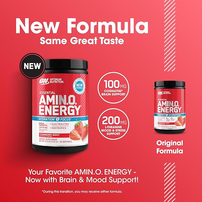 Optimum Nutrition Amino Energy Powder Plus Focus, with BCAA, Electrolytes, and Caffeine, Juicy Strawberry, 30 Servings (Packaging May Vary) (Pack of 6)