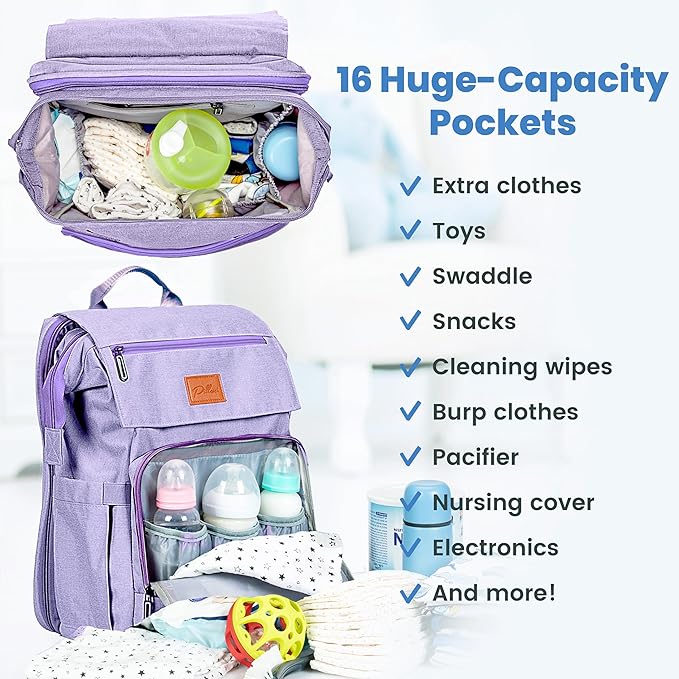 Baby Shower Gifts for Mom - Diaper Bag Backpack - 16 Organizer Pockets Baby Diaper Bag w/ Insulated Bottle Holders & Wipes Pocket, Large Capacity Baby Bag Backpack - Waterproof & Easy to Clean, Purple