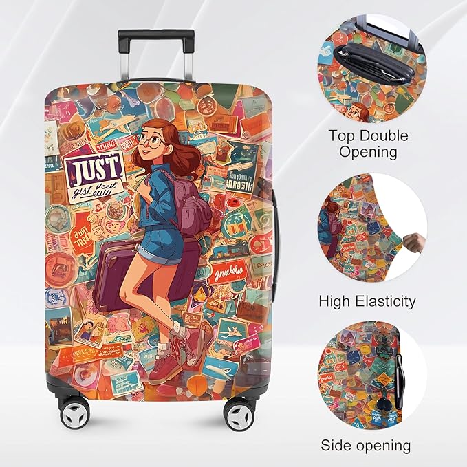 ANNA QUEEN Vintage Travel Stickers Gir Luggage Cover -Stretchable Airplane Suitcase Protector Sleeve,Universal Washable Fit for 20-22 Inch Checked Baggage,Water Resistant Durable Luggage Protector