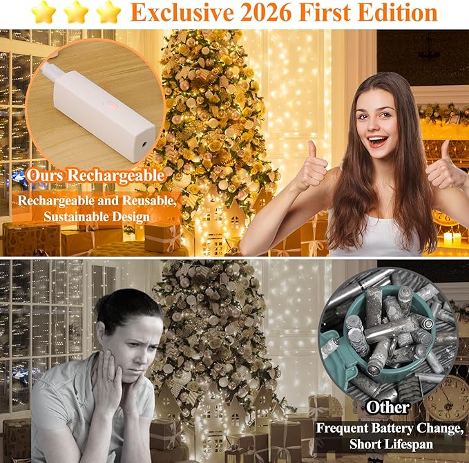Lakumu LED Fairy Lights Battery Operated, Rechargeable String Lights with 8 Modes & Timer, Type‑C, Waterproof Twinkle Lights for Bedroom Wedding Christmas Decor (5M/16FT Warm White)