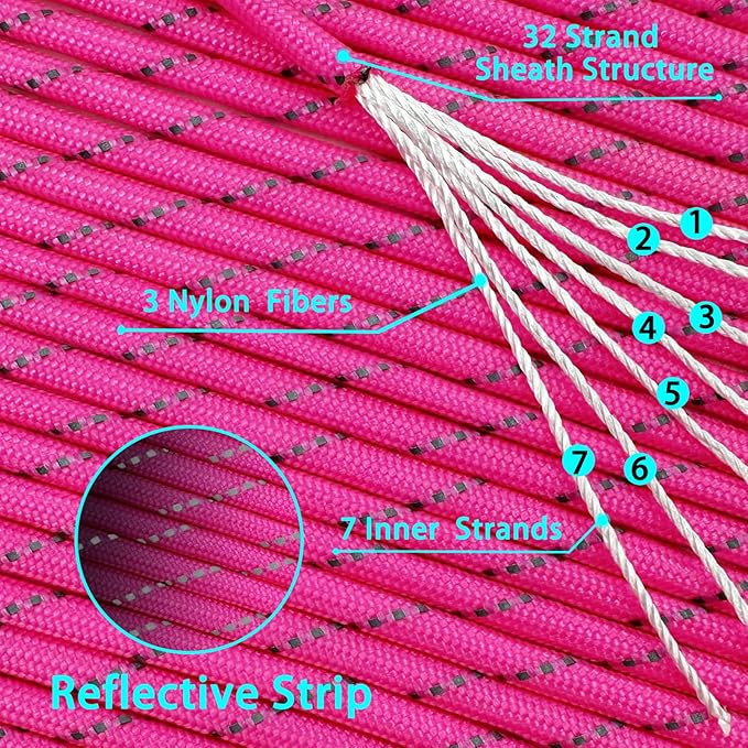 VVAAGG Reflective Paracord Rope 100FT, 7 Strand Nylon para Cord Lanyard Utility 550 Parachute Cord, 4mm Thin Tent Rope for Outdoor Camping Hiking