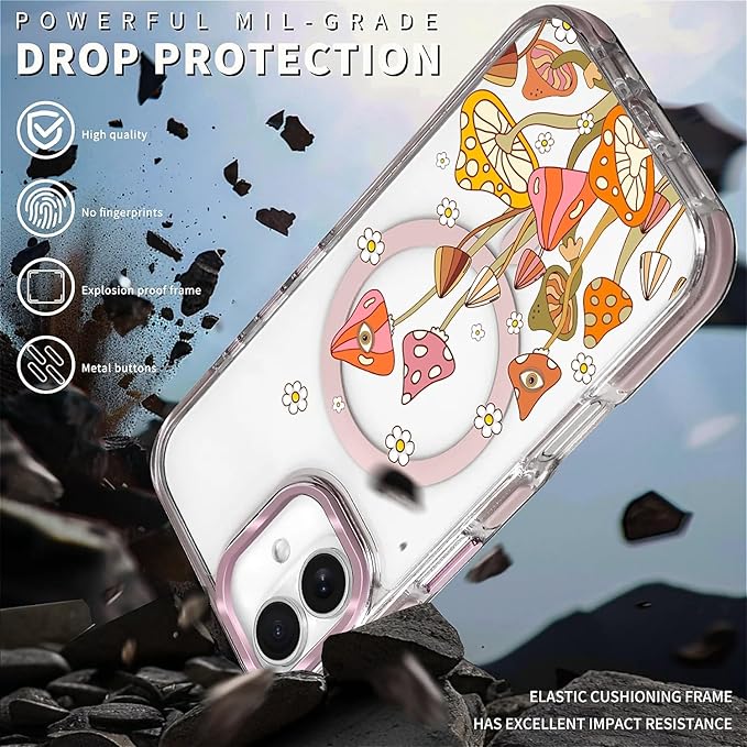 Case for iPhone 16,[Compatible with MagSafe],Retro Mushroom Sunflower Phone Case Design，for Women Girls Magnetic Clear Cover - Slim, Sleek, & Shockproof Protection