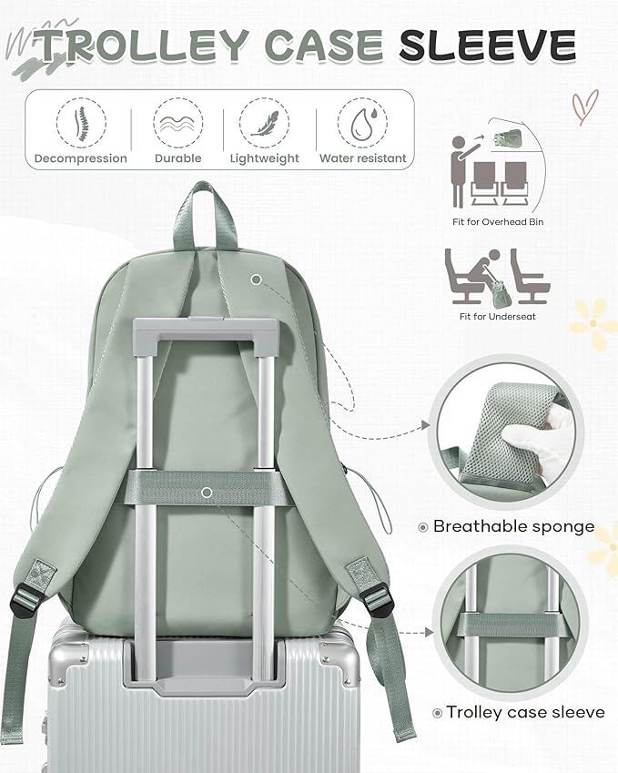 SEAFEW Green Backpack for Girls Women Waterproof High School Book Bag Cute Backpack for Men Teens Boys, Lightweight Simple Middle School Back Pack Daypack