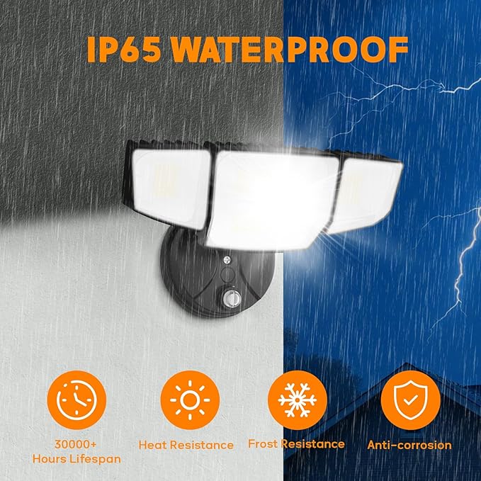 Abovizo 90W Flood Lights Outdoor, 10000LM Dusk to Dawn Outdoor Lighting, IP65 Waterproof, 6500K Daylight, 4 Heads LED Security Light for Garage, Yard, Porch (Black)
