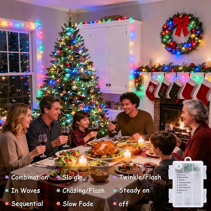 JMEXSUSS Multicolor Christmas Lights Battery Operated with 8 Modes Remote Waterproof, 33ft 100 LED Battery Christmas Lights Indoor Outdoor for Tree Home Party Room Garden Decor (Pack of 2)