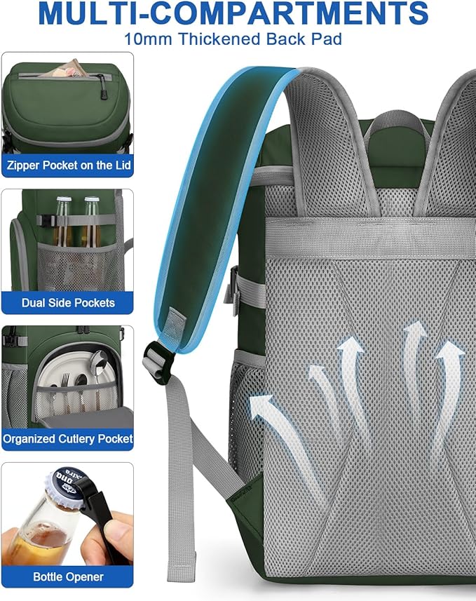Pritent Cooler Backpack for Men Women Insulated Waterproof Backpack Cooler Leak Proof Cooler Bag Lightweight Lunch Backpack for Camping Beach Travel Picnic