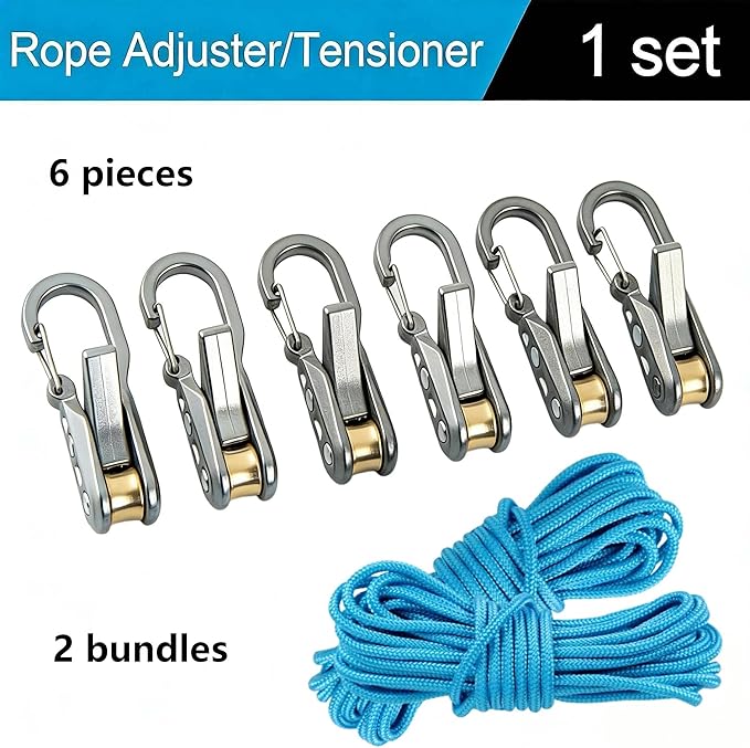 6-Pack Paracord Adjusters, Rope Tightening Tool & Tensioner, Heavy-Duty Roller Tensioner Rope for Camping, Tarps, Guy Lines, Boating & Outdoor Equipment