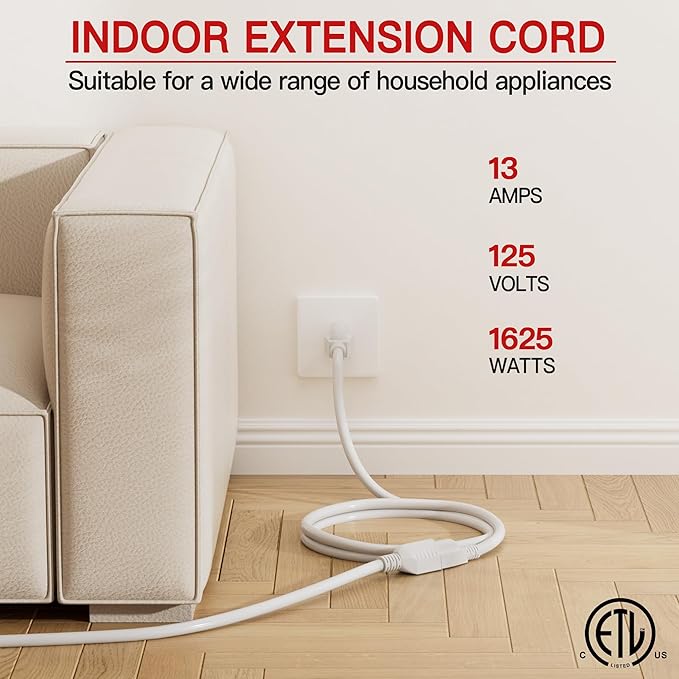 16/3 Indoor Extension Cord 15 FT, White Extension Cord Flexible & Durable, 3 Prong Power Cable, Suitable for Home and Office, 13 Amp 1625 Watt 125VAC 16AWG, ETL Listed