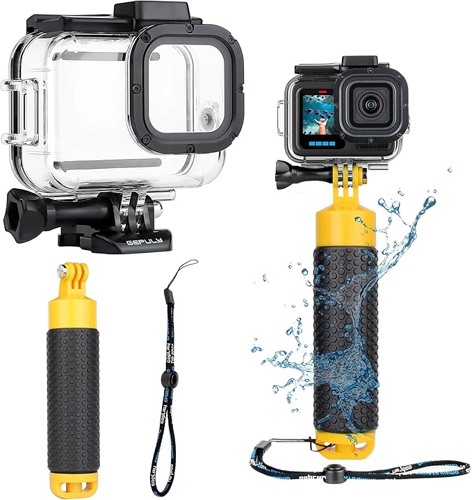 GEPULY 60M/196FT Waterproof Case for GoPro Hero 13 12 11 10 9 Black, Floating Handle Grip Pole Stick Monopod Underwater Accessories Protective Case Dive Shell