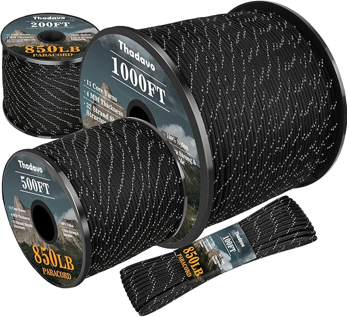 Reflective Paracord Rope 850Ib, 50/100/200/500/1000ft 4MM 11 Strand para Cords Lanyard Utility Parachute Cord for Tent Camping Hiking Survival Tactical Clothesline DIY Projects, Black 100FT