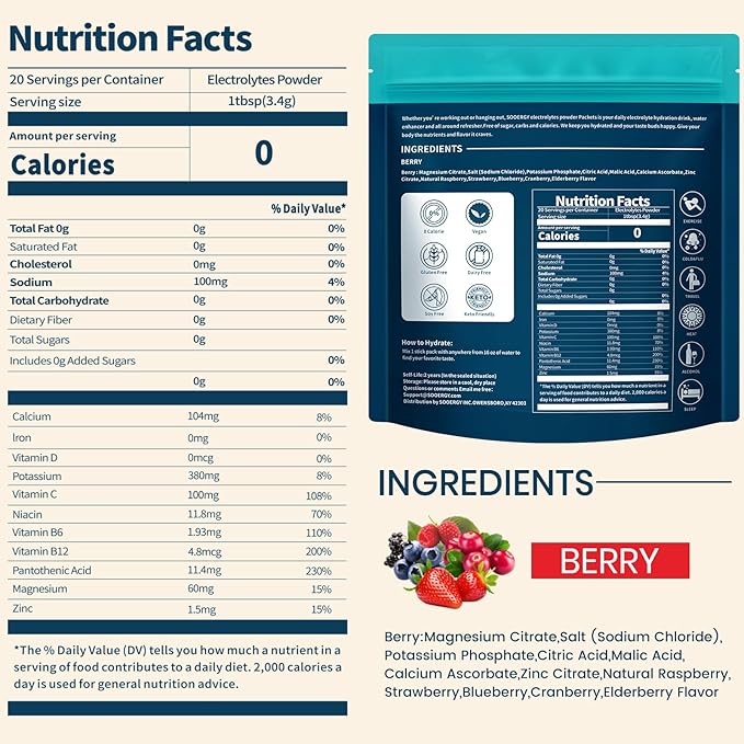 Electrolytes Powder Packets Sugar Free Hydration Packets, Liquid Daily IV Electrolyte Drink Mixex for Rehydration with Electrolytes, Vitamins, 0 Calorie, Mix Berry Flavor, 20 Sticks