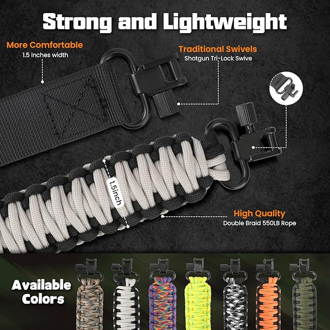 Double Braide 550LB Shotgun Sling 2 Point Paracord Rifle Sling,Non-Slip Traditional Adjustable Gun Sling for Hunting Shooting Camping
