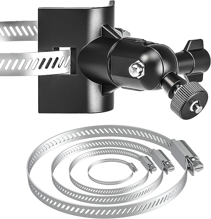 Universal Adjustable Stainless Mount Bracket Outdoor Security Camera 360 Degree Hoop Hose Clamp Pipe Poles Mount No-Drill Holes Compatible with Reolink/Nest/Arlo/Eufy/Wyze and Other Camera (Black)
