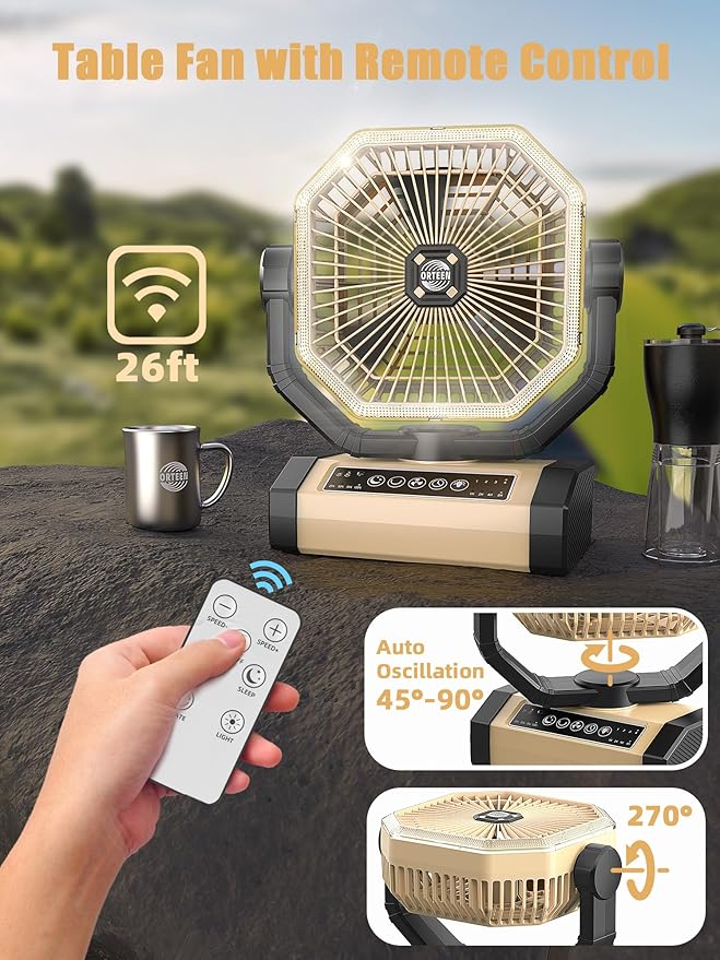 Orteen Camping Fan Rechargeable - 9-Inch Battery Powered Fan, 24000mAh(60Hrs) Battery Operated for Camping, Auto Oscillation Cordless, Tent Fan with Remote/Light, 4 Speeds, 4 Timing, Outdoor