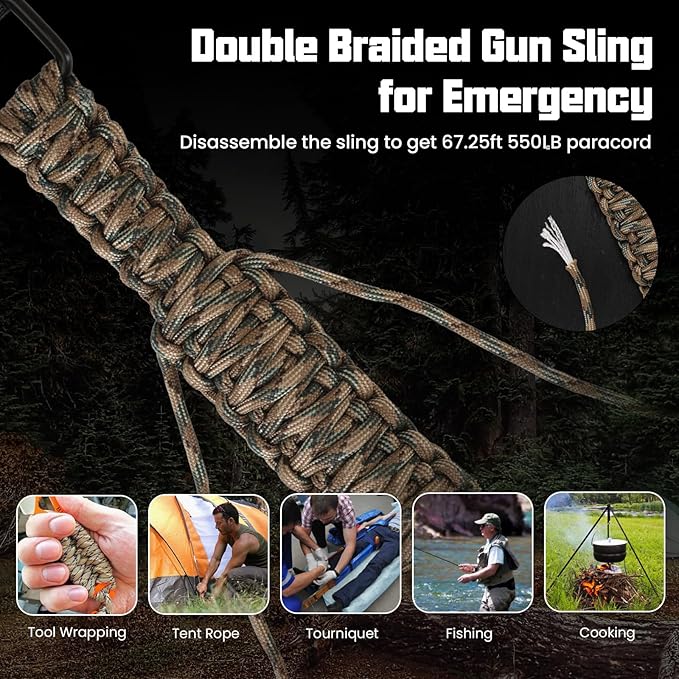Double Braide 550LB Shotgun Sling 2 Point Paracord Rifle Sling,Non-Slip Traditional Adjustable Gun Sling for Hunting Shooting Camping