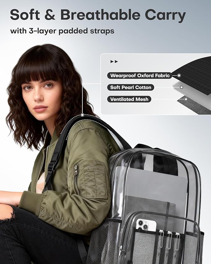 HOTOR Clear Backpack - Multi-Pocket Bookbag, Cold-Resistant PVC Waterproof Work Bag & College Backpack with Padded Shoulder Straps for Travel, Festival, 16.0" x 12.0" x 7.0", Black