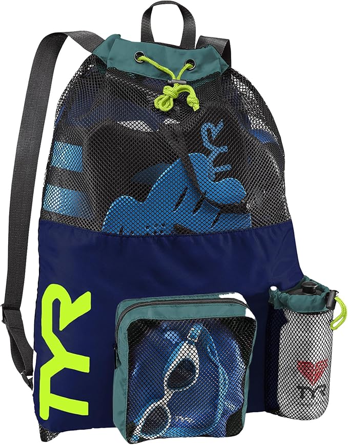TYR Big Mesh Mummy Backpack for Swim, Gym and Workout Gear, Black, 40-Liter Capacity