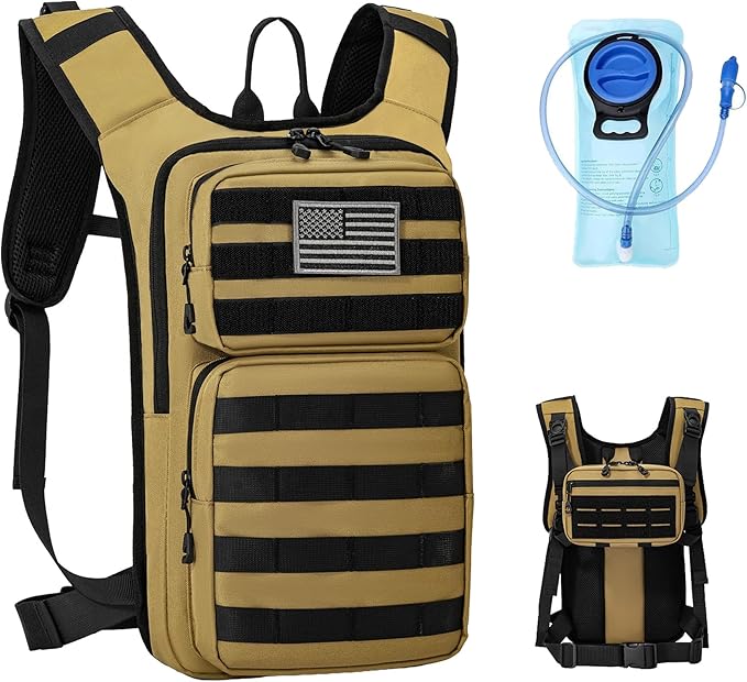 Koculemi Tactical Hydration Backpack with 2L Water Bladder and Front Small Tactical Pouch, Outdoor Water Backpack for Men Women, Sports Hydration Pack for Hiking, Cycling, Climbing