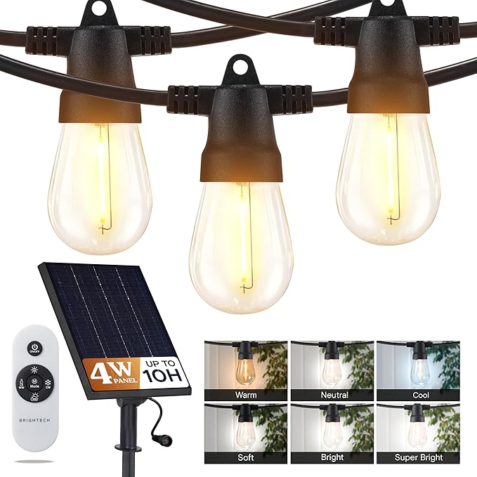 Brightech Ambience Pro 27-Ft Solar String Lights for Outside - Super Bright Remote Control Color Adjustable Outdoor String Light - Commercial Grade String, Waterproof LED for Patios, Camping, 12 Bulbs