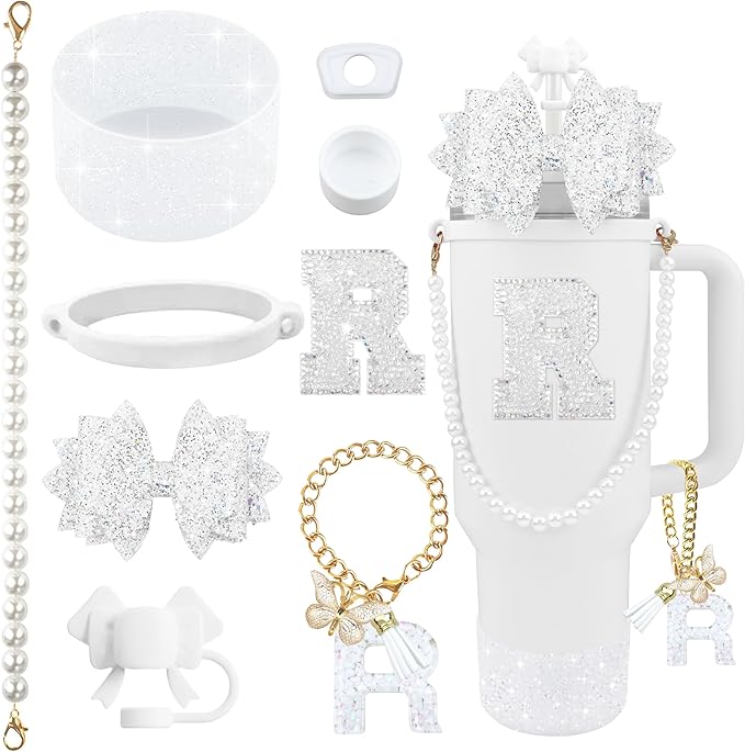 9PCS White for Stanley Cup Accessories Set Bling Initials Bow Charms for Stanley Decorations 30/40 Oz Tumbler Accessories Including Bow Straw Topper, Handle Strap, Spill Stopper（Letter R）