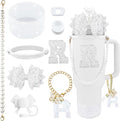 9PCS White for Stanley Cup Accessories Set Bling Initials Bow Charms for Stanley Decorations 30/40 Oz Tumbler Accessories Including Bow Straw Topper, Handle Strap, Spill Stopper（Letter R）