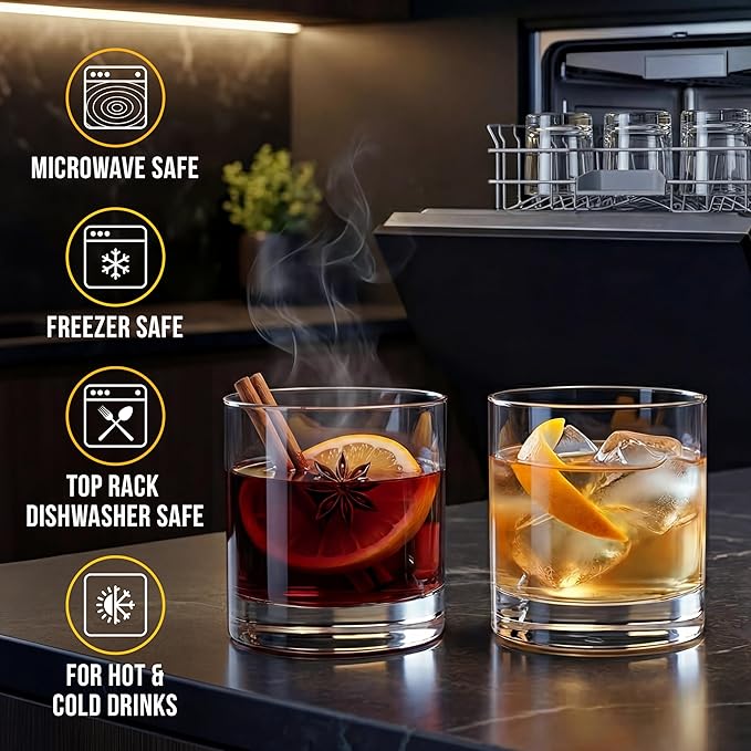 Bravario Unbreakable Whiskey Glasses, Plastic Rocks Glasses — 12.5 oz Clear Dishwasher Safe Tritan Old Fashioned Drinkware, Shatterproof BPA-Free Bourbon Cocktail Set of 4