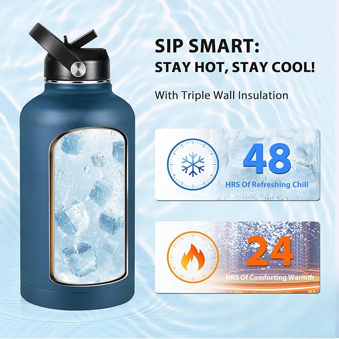Insulated Water Bottle 64 oz, Triple Wall Vacuum Stainless Steel Water Bottles (Cold for 48 Hrs), Leak Proof & Non-BPA, Half Gallon Water Flask Jug Wide Mouth Straw Lid & Spout Lid