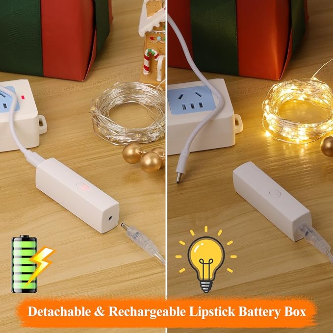 Lakumu LED Fairy Lights Battery Operated, Rechargeable String Lights with 8 Modes & Timer, Type‑C, Waterproof Twinkle Lights for Bedroom Wedding Christmas Decor (5M/16FT Warm White)