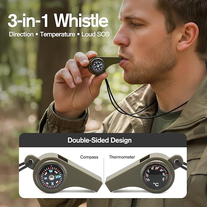 6" x 1/2" Drilled Ferro Rod Fire Starter Kit - Large Ferrocerium Flint and Steel, Multitool Striker & 3-in-1 Survival Whistle (with Compass, Thermometer)-Emergency Gear for Camping, Bushcraft