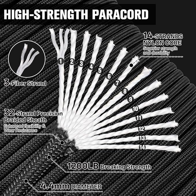 1200 Paracord Rope - 4.4mm 14 Strand Nylon Parachute Spool para Cord Lanyard for Outdoor Camping Survival Utility Tent Crafting DIY Projects Fishing Clothsline Bracelet - Black 200FT